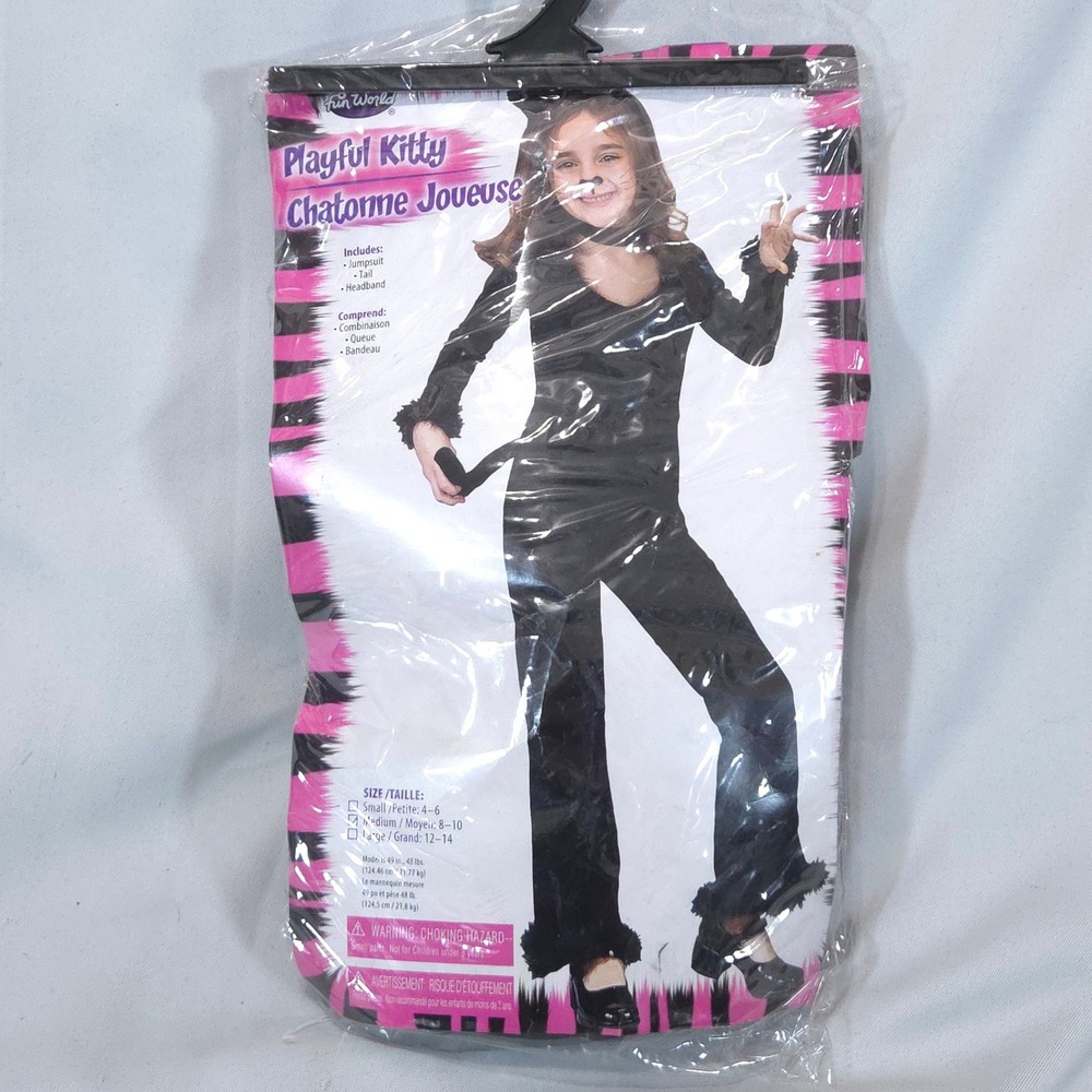 Kitty Velvet Costume Jumpsuit Kids M 8-10y Headbands Black Cat Halloween Cosplay